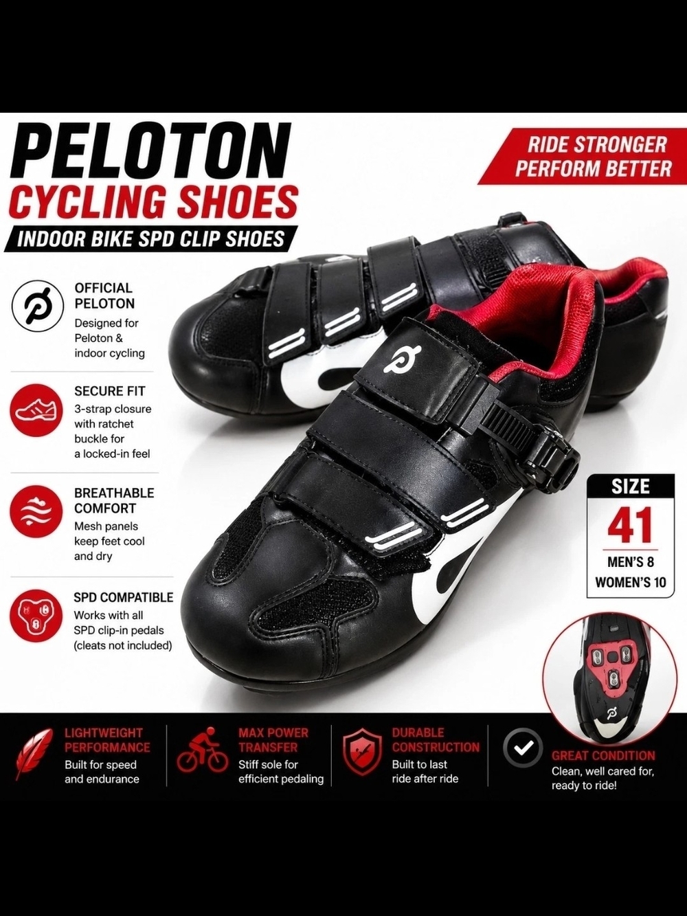 Peloton Cycling Shoes Size 41 Mens 8 Womens 10 Indoor Bike SPD Clip Shoes Black